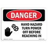 Signmission OSHA Danger Sign, 18" Height, 24" Width, Aluminum, Hand Hazard Turn Power Off Reaching In, Landscape OS-DS-A-1824-L-1287